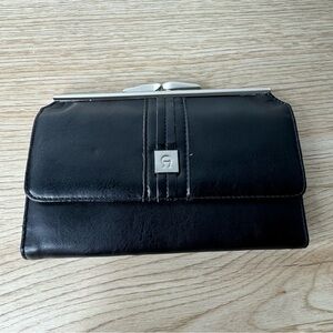 Etienne Aigner Leather Black Trifold Wallet Silver Hardware and Kisslock Section